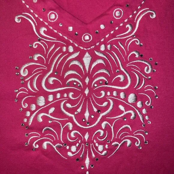 JM Collection Women’s L Beaded Embroidered V Neck Cotton Tunic Top Pink - Picture 4 of 13